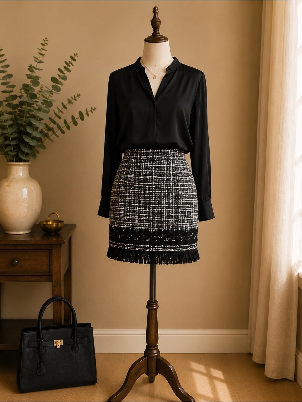 Rinascimento Made in Italy Black White Bouclé Tweed Fringe Lace mini Skirt Small